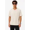 Erkek V Yaka Basic Tişört Kısa Kol Yazlık Regular Fit T-Shirt - Bej