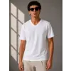 Erkek V Yaka Basic Tişört Kısa Kol Yazlık Regular Fit T-Shirt - Beyaz