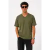 Erkek V Yaka Basic Tişört Kısa Kol Yazlık Regular Fit T-Shirt - Haki