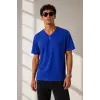 Erkek V Yaka Basic Tişört Kısa Kol Yazlık Regular Fit T-Shirt - Saks Mavisi