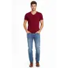 Erkek Body T-shirt V Yaka Slim Fit Likralı Kısa kol Tişört - Bordo