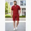 Erkek Waffle Kumaş Kısa Kol Gömlek Şort Takım Regular Yazlık İkili Set - Bordo
