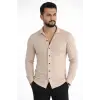Erkek Waffle Kumaş Uzun Kollu Düğmeli Açık Yaka Regular Fit Gömlek - Bej