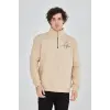 Erkek Yarım Fermuarlı Baskılı 3 iplik pamuklu sweatshirt - Bej