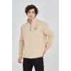Erkek Yarım Fermuarlı Baskılı 3 iplik pamuklu sweatshirt - Bej