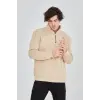 Erkek Yarım Fermuarlı Baskılı 3 iplik pamuklu sweatshirt - Bej