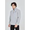 Erkek Yarım Fermuarlı Baskılı 3 iplik pamuklu sweatshirt - Gri