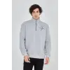 Erkek Yarım Fermuarlı Baskılı 3 iplik pamuklu sweatshirt - Gri