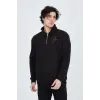 Erkek Yarım Fermuarlı Baskılı 3  iplik pamuklu sweatshirt - Siyah