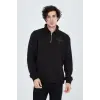 Erkek Yarım Fermuarlı Baskılı 3  iplik pamuklu sweatshirt - Siyah