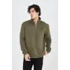 Erkek Yarım Fermuarlı Baskılı 3 iplik pamuklu sweatshirt - Yeşil
