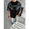 Erkek Bisiklet Yaka Tişört Yıldırım Şimşek Baskılı Kısa Kol T-Shirt -Siyah