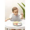 Gri 3’lü Silikon Yemek Seti – Önlük + Diş Kaşıyıcılı Kaşık + Vakumlu Tabak