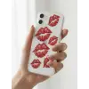 iPhone 12 Kırmızı Dudak / Öpücük Desenli Şeffaf Telefon Kılıfı