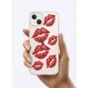 İphone 13 Kırmızı Dudak / Öpücük Desenli Şeffaf Telefon Kılıfı