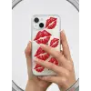 İphone 14 Kırmızı Dudak / Öpücük Desenli Şeffaf Telefon Kılıfı
