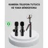 Kablosuz Çift Yaka Mikrofonu ve Tripodlu Selfie Çubuğu İçerik Üretici Seti
