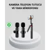 Kablosuz Çift Yaka Mikrofonu ve Tripodlu Selfie Çubuğu İçerik Üretici Seti