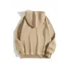 Kadın Kapüşonlu Kanguru Cepli 3 İplik Pamuklu Düz Hoodie Sweatshirt - Bej
