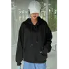 Kadın Kapüşonlu Kanguru Cepli 3 İplik Pamuklu Oversize Hoodie Sweatshirt - Siyah