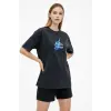 Kadın Asit Yıkamalı Oversize Tişört Bisiklet Yaka Kısa Kol T-shirt - Siyah