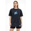 Kadın Asit Yıkamalı Oversize Tişört Bisiklet Yaka Kısa Kol T-shirt - Siyah