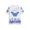Kadın Asit Yıkamalı Oversize Tişört Bisiklet Yaka Kısa Kol T-shirt - Beyaz