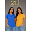 Kadın Basic Bisiklet Yaka Yazlık Slim fit T-Shirt - Mavi & Hardal Sarısı