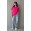 Kadın Basic Pamuklu Tişört Bisiklet Yaka Düz Renk Relaxed Fit T-Shirt - Fuşya