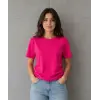 Kadın Basic Pamuklu Tişört Bisiklet Yaka Düz Renk Relaxed Fit T-Shirt - Fuşya