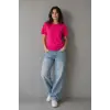 Kadın Basic Pamuklu Tişört Bisiklet Yaka Düz Renk Relaxed Fit T-Shirt - Fuşya