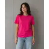 Kadın Basic Pamuklu Tişört Bisiklet Yaka Düz Renk Relaxed Fit T-Shirt - Fuşya