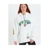 Kadın Oversize Kapüşonlu Cepli Ön Kol Baskılı 3 İplik Pamuklu Hoodie Sweatshirt - Beyaz
