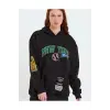 Kadın Oversize Kapüşonlu Cepli Ön Kol Baskılı 3 İplik Pamuklu Hoodie Sweatshirt - Siyah