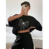 Kadın Fiyonk Baskılı T-Shirt Kısa Kol Bisiklet Yaka Oversize Tişört - Siyah