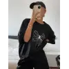 Kadın Fiyonk Baskılı T-Shirt Kısa Kol Bisiklet Yaka Oversize Tişört - Siyah