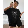 Kadın Fiyonk Baskılı T-Shirt Kısa Kol Bisiklet Yaka Oversize Tişört - Siyah