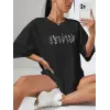 Kadın Baskılı T-Shirt Kısa Kol Bisiklet Yaka Oversize Rahat Kalıp Tişört - Siyah