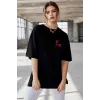 Kadın Baskılı T-Shirt Kısa Kol Bisiklet Yaka Oversize Rahat Kalıp Tişört - Siyah