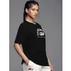 Kadın Baskılı T-Shirt Kısa Kol Bisiklet Yaka Oversize Rahat Kalıp Tişört - Siyah