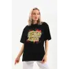 Kadın Kısa Kol Yazlık Tişört Bisiklet Yaka Ejderha Baskılı T-Shirt - Siyah