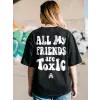 Kadın Kısa Kol Yazlık Tişört Bisiklet Yaka Baskılı Oversize T-Shirt - Siyah