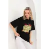 Kadın Kısa Kol Yazlık Tişört Bisiklet Yaka Ejderha Baskılı T-Shirt - Siyah