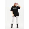 Kadın Kısa Kol Yazlık Tişört Bisiklet Yaka Baskılı Oversize T-Shirt - Siyah