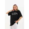 Kadın Baskılı Tişört Kısa Kol Bisiklet Yaka Oversize T-Shirt - Siyah