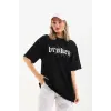 Kadın Kısa Kol Yazlık Tişört Bisiklet Yaka Baskılı Oversize T-Shirt - Siyah