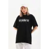 Kadın Kısa Kol Yazlık Tişört Bisiklet Yaka Baskılı Oversize T-Shirt - Siyah