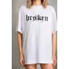 Kadın Kısa Kol Yazlık Tişört Bisiklet Yaka Baskılı Oversize T-Shirt - Beyaz