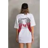 Kadın Baskılı Tişört Kısa Kol Bisiklet Yaka Oversize T-Shirt - Beyaz