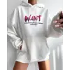 Kadın Oversize Kapüşonlu Cepli WANT Baskılı 3 İplik Pamuklu Hoodie Sweatshirt - Beyaz